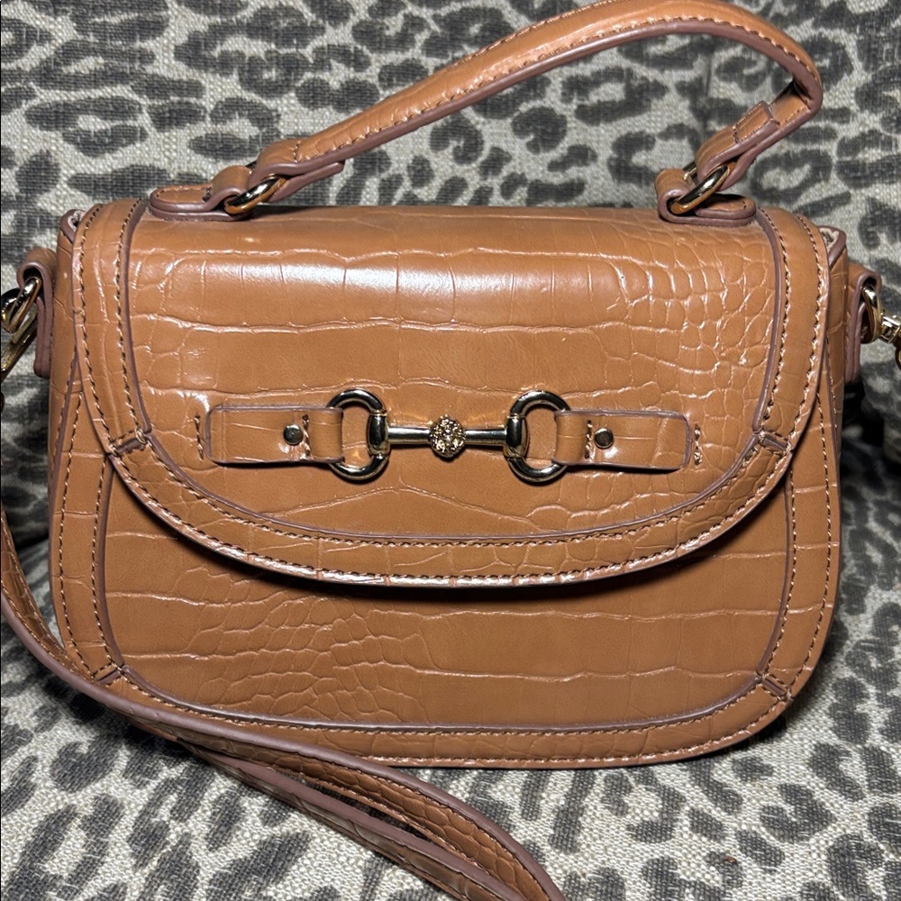 Anne Klein Camel brown croc embossed horse bit satchel crossbody handbag purse